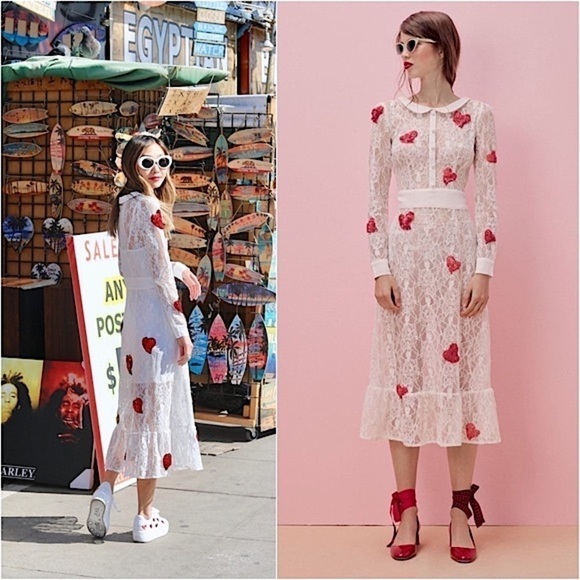 NWT FOR LOVE & LEMONS x JAMIE KING White Lace Red Sequin Hearts Midi Dress Sz S - Picture 7 of 14